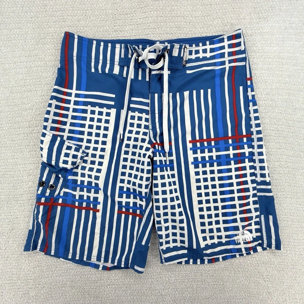 The North Face Board Shorts Mens 32 Blue Plaid Surf Swim Stretch Beach Trunks